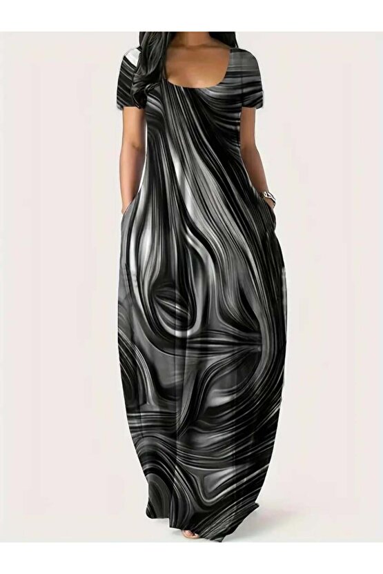 Kadın Kısa Kollu Yuvarlak Yaka Cepli Salaş Baskılı Süprem Elbise