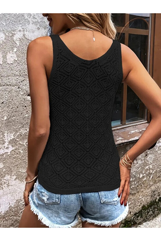 Kadın Baklava Desen Detaylı Kalın Askılı Triko Bluz