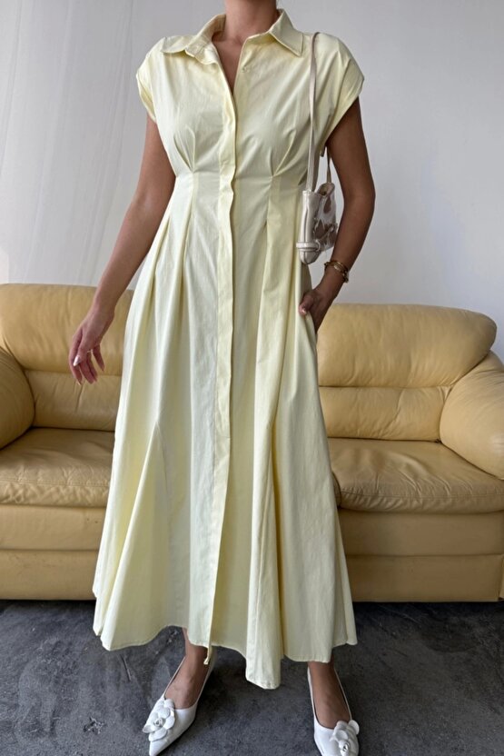 KOLSUZ VATKALI ÖNDEN DÜĞMELİ BEL PENS DETAYLI POPLİN ELBİSE - Sarı