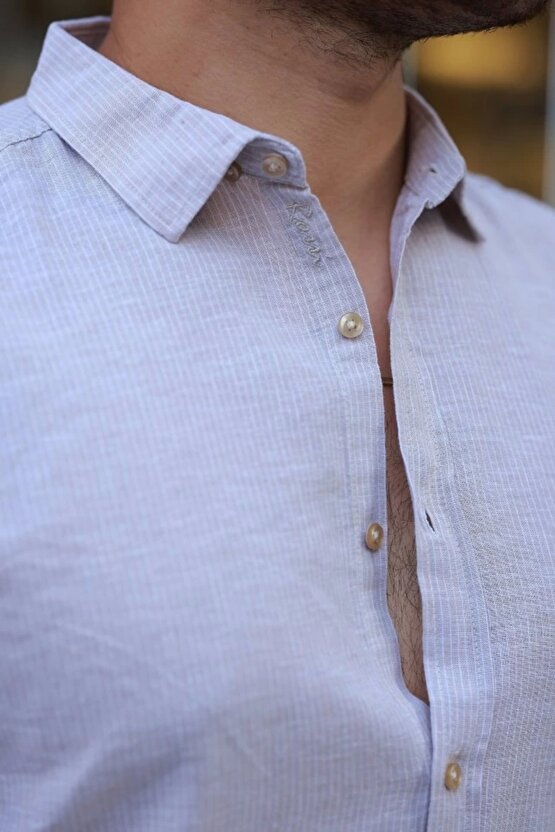 Erkek çizgi Desenli Uzun Kollu Pamuklu Keten Gömlek