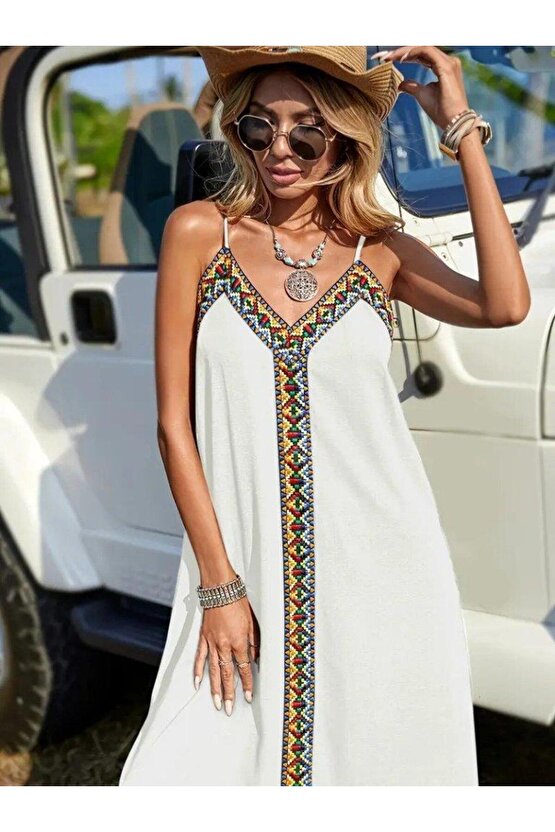 Kadın Askılı V Yakalı Etnik şerit Detaylı Uzun Viskon Elbise
