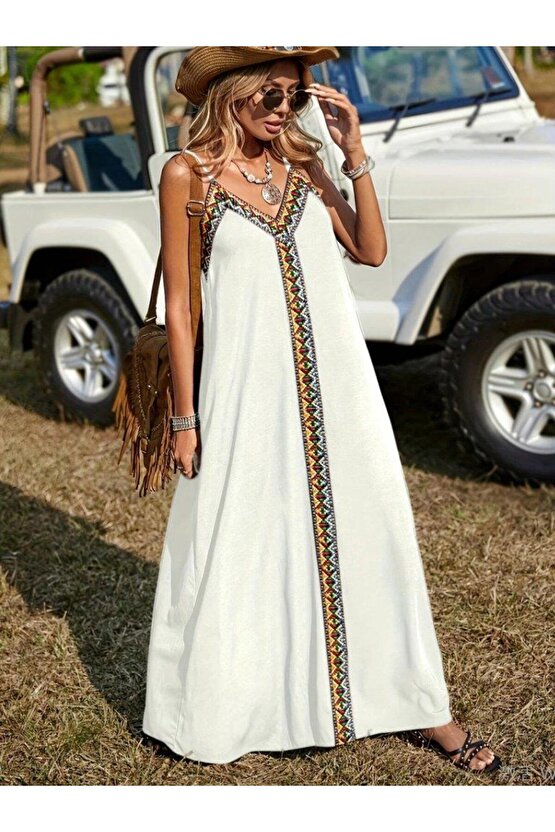 Kadın Askılı V Yakalı Etnik şerit Detaylı Uzun Viskon Elbise