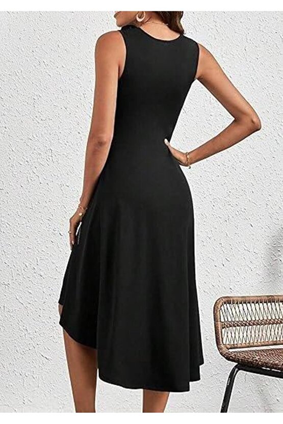 Kadın Sıfır Kollu Bisiklet Yaka Büzgülü Asimetrik Kesim Detaylı Janjan Krep Elbise