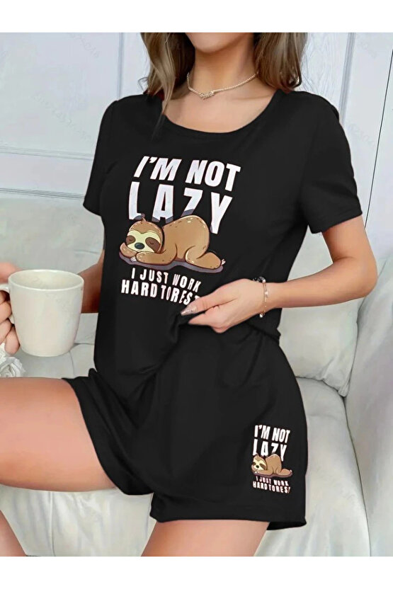 Kadın Kısa Kollu Bisiklet Yaka Baskılı Viskon Bluz Ve şort Ikili Takım