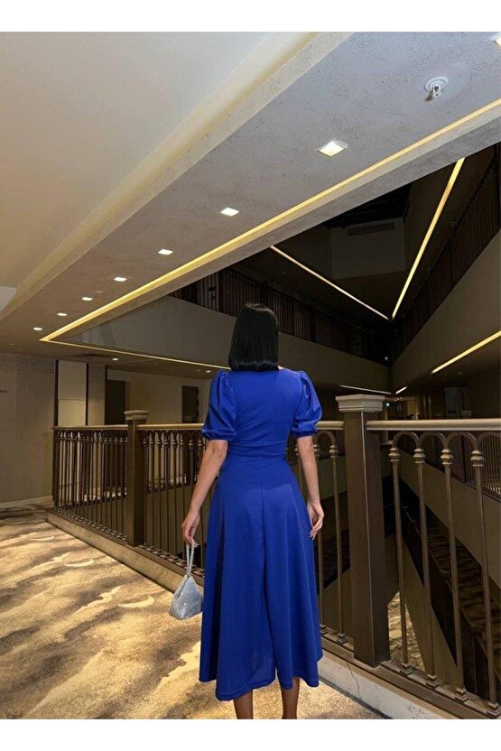 Kadın Bisiklet Yaka Kısa Kol Lastik Detay Uzun Elbise