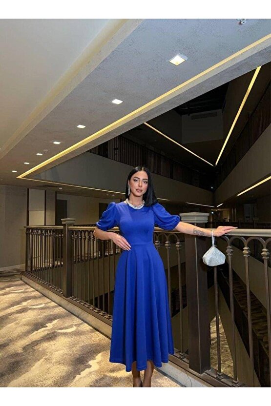 Kadın Bisiklet Yaka Kısa Kol Lastik Detay Uzun Elbise