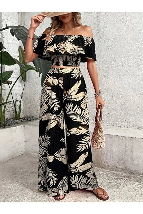 Kadın Kısa Kollu Madonna Fırfır Yaka Crop Süprem Bluz Ve Pantolon Ikili Takım