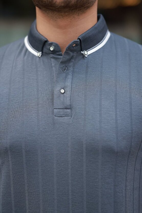 EQURİ Erkek Düğme Yakalı Jakar Kumaş Kısa Kollu Tişört