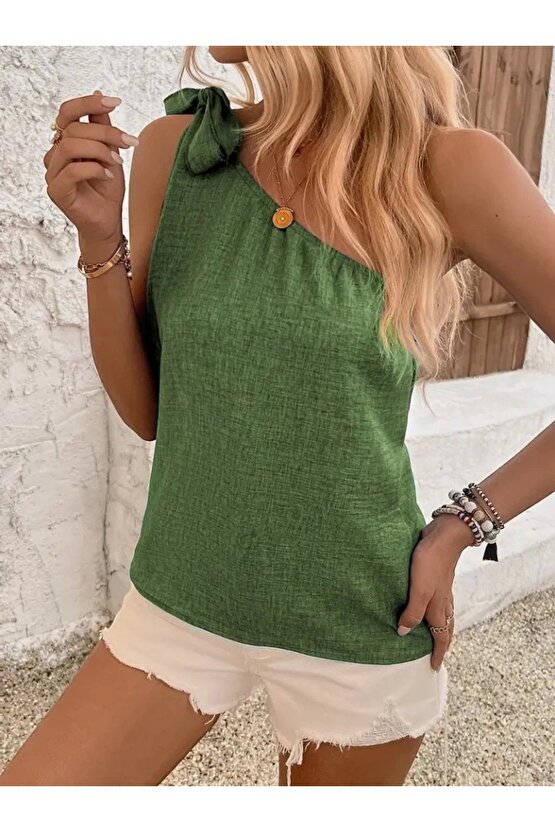 Kadın Tek Omuzdan Askılı Bağcıklı Keten Bluz