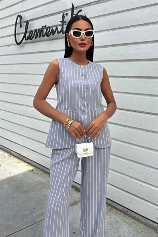 Çizgili Viscon Keten Yelekli Rahat Takım 10121