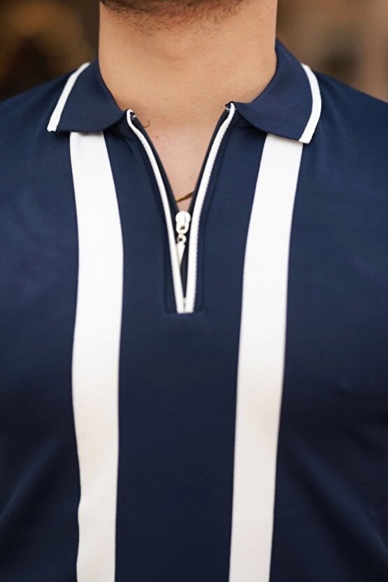 Erkek Fermuar Yakalı şerit Detaylı Kısa Kollu Tişört