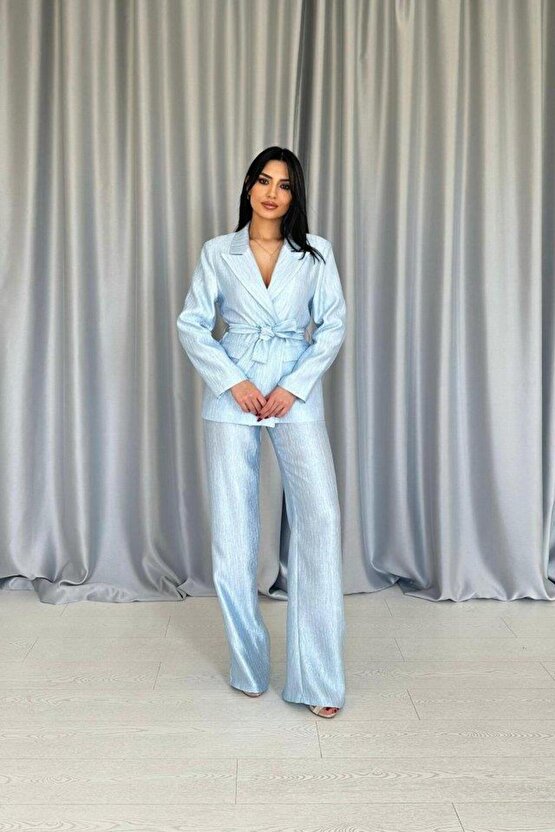 Mavi Beli Kuşaklı Ceket Ve Pantolon Parlak Takım