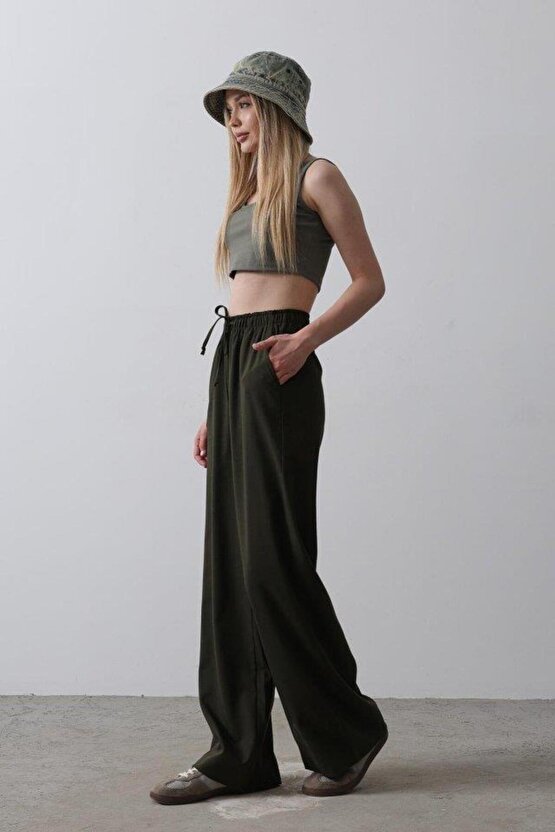 Beli Lastikli Bol Paça Pantolon - Haki