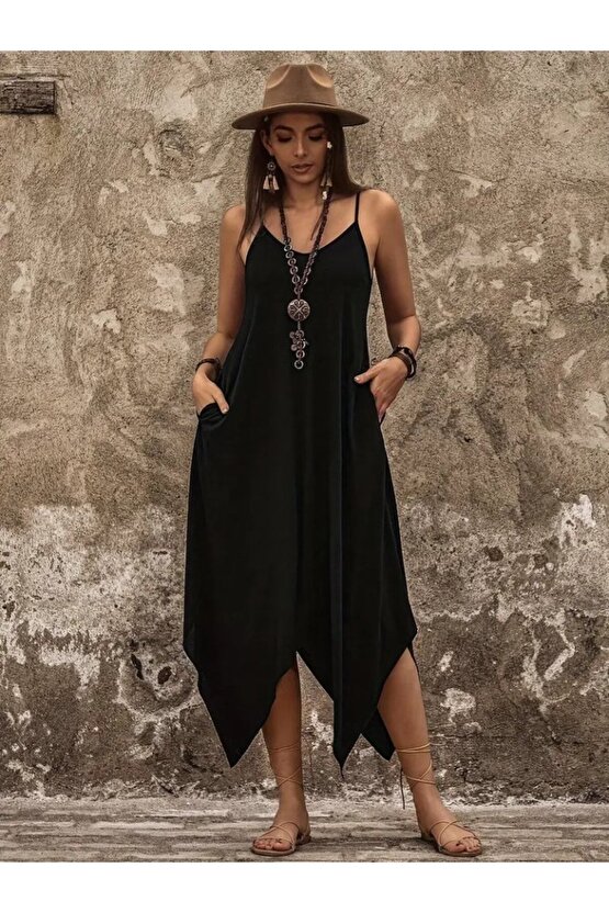 Kendim Fashion Kadın Askılı V Yakalı Cep Detaylı Asimetrik Kesim Detaylı Viskon Elbise