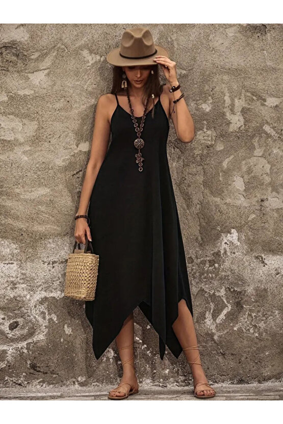 Kendim Fashion Kadın Askılı V Yakalı Cep Detaylı Asimetrik Kesim Detaylı Viskon Elbise