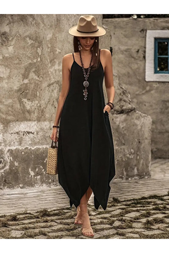 Kendim Fashion Kadın Askılı V Yakalı Cep Detaylı Asimetrik Kesim Detaylı Viskon Elbise