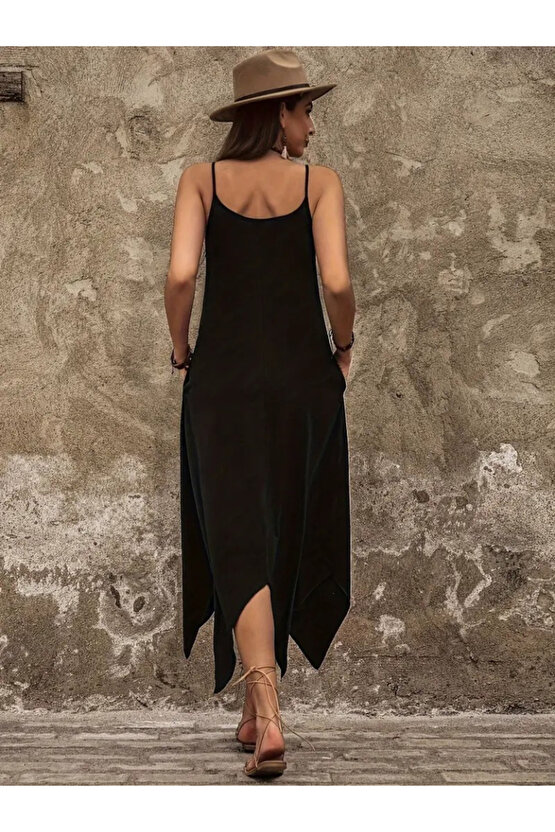 Kendim Fashion Kadın Askılı V Yakalı Cep Detaylı Asimetrik Kesim Detaylı Viskon Elbise
