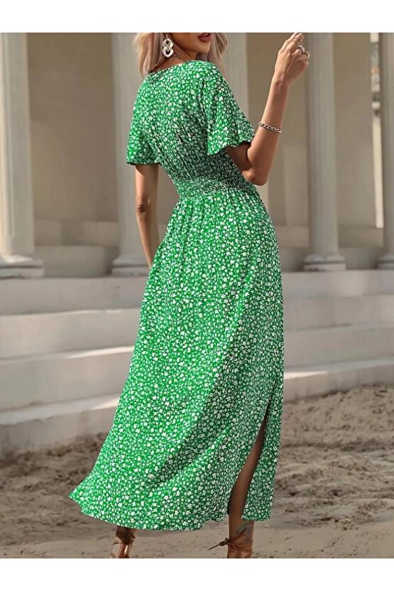 Kadın Kısa Kollu Kruvaze Yaka Beli Lastikli Yanlardan Yırtmaçlı Uzun çiçekli Elbise