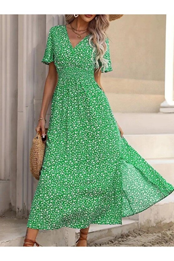 Kadın Kısa Kollu Kruvaze Yaka Beli Lastikli Yanlardan Yırtmaçlı Uzun çiçekli Elbise