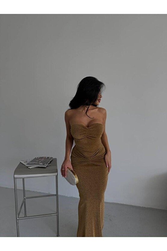 Straplez Simli Uzun Elbise