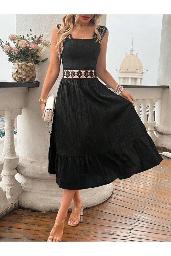 Kadın Askılı Ve Beli Dantel Detaylı Fırfırlı Uzun Bürümcük Elbise