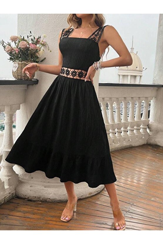 Kadın Askılı Ve Beli Dantel Detaylı Fırfırlı Uzun Bürümcük Elbise