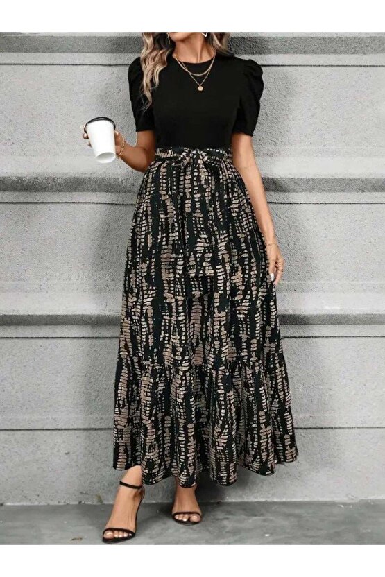 Kadın Kısa Kollu Bisiklet Yaka üst Ithal Krep Alt Süprem Maksi Boy Elbise