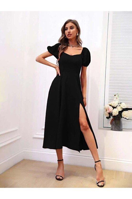 Kadın Kısa Kollu Kare Yakalı Yırtmaçlı Midi Janjan Krep Elbise