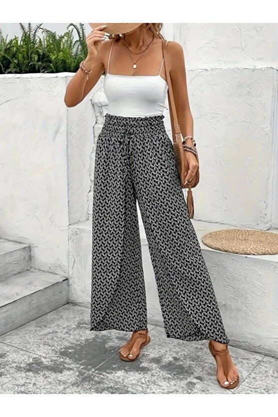 Kadın Yüksek Bel Lastikli önden Iki Parçalı Desenli Bürümcük Pantolon