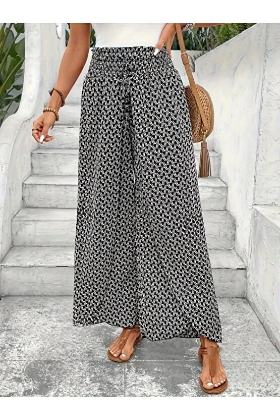 Kadın Yüksek Bel Lastikli önden Iki Parçalı Desenli Bürümcük Pantolon