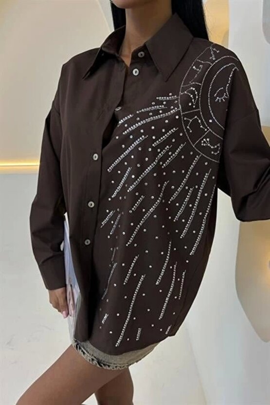 Ay Figürlü Taş İşlemeli Poplin Gömlek 3440