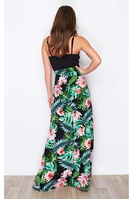 Kadın Askılı V Yaka Eteği Dijital Baskılı çiçek Desenli Yırtmaçlı Mikro Kumaş Elbise