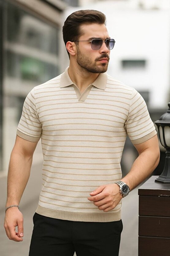 Erkek Kısa Kollu çizgi Desenli örme Kumaş Tshirt