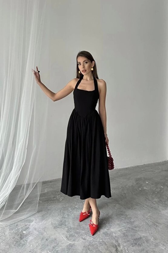 Siyah Boyundan Bağlamalı Keten Elbise