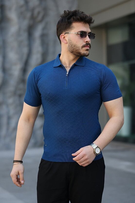 MyTerrax Erkek Viskon Kumaş Polo Yaka Desenli Tişört