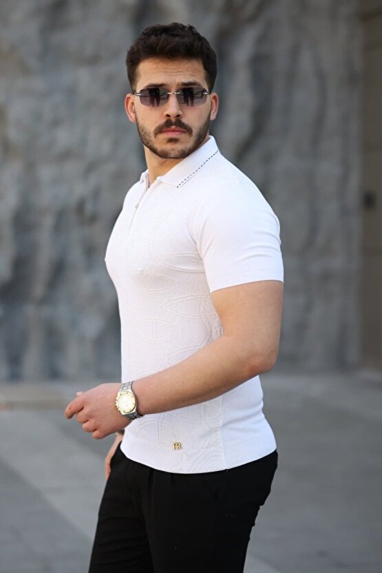 Erkek Viskon Kumaş Polo Yaka Desenli Tişört