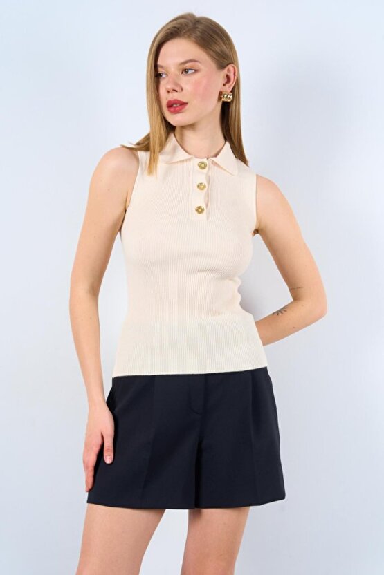 Yumuşak Dokulu Patlı Düğmeli Triko Atlet - Beyaz