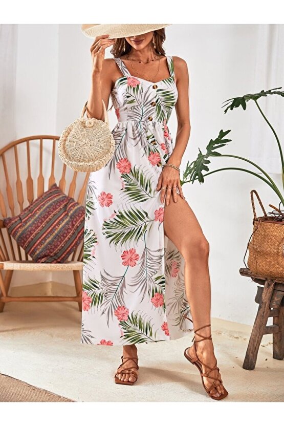 Kadın Askılı önden Düğmeli Yaprak Desenli Uzun Süprem Elbise