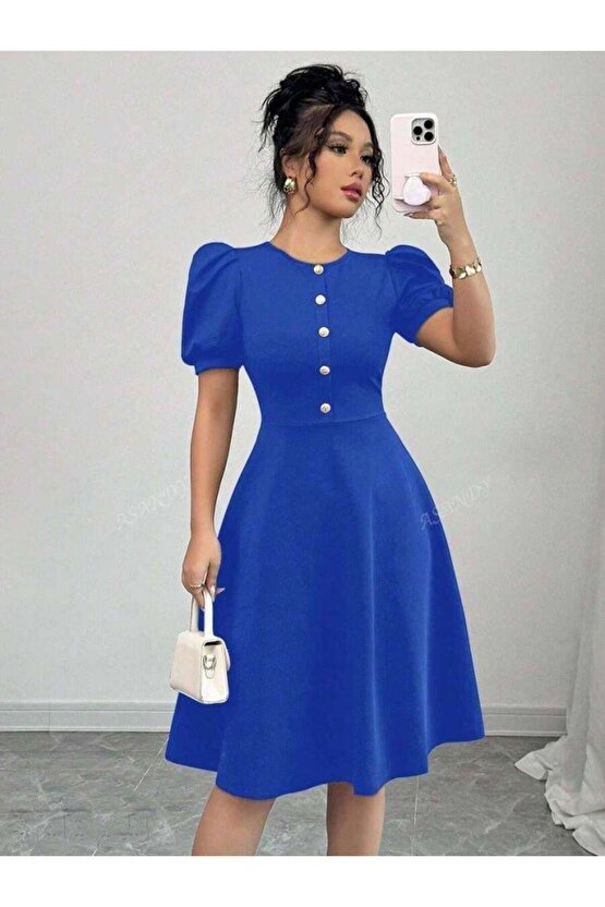 Kadın Kısa Kollu Bisiklet Yaka önden Düğmeli Ithal Krep Elbise