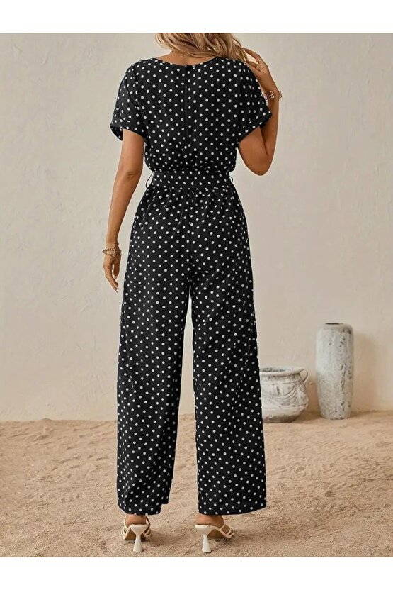 EQURİ Kadın Kısa Kollu Kayık Yaka Belden Kuşaklı örme Krep Tulum