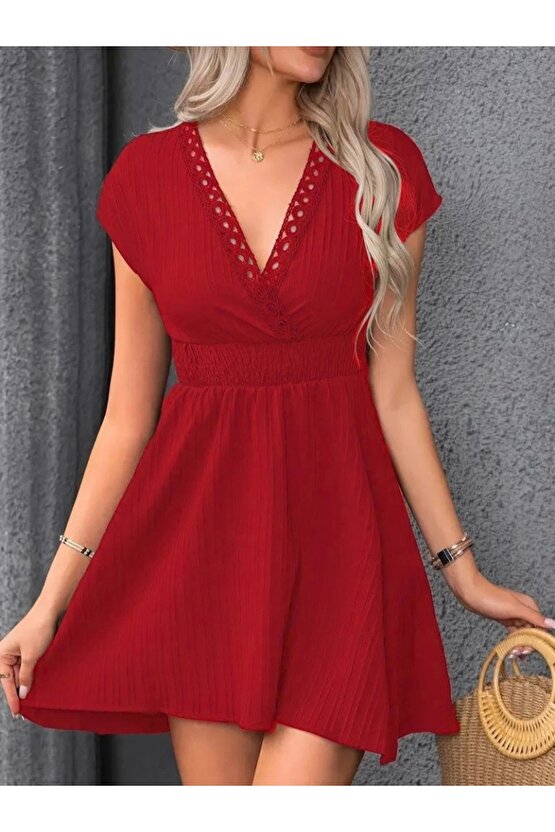 Kadın Kısa Kollu Kruvaze Yakalı Beli Lastikli Bürümcük Elbise