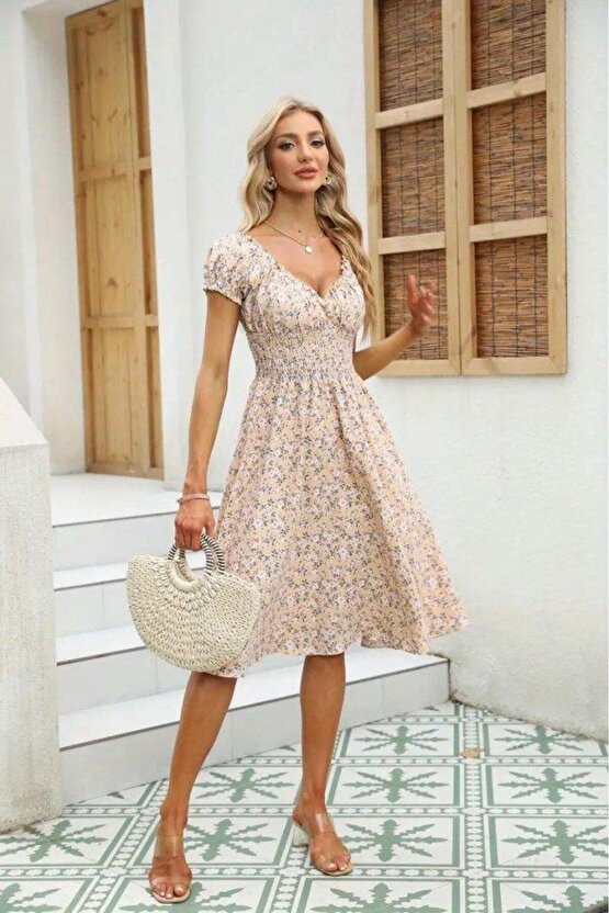 Kadın Kısa Kollu Kruvaze Yaka Lastikli Belden Gipeli çiçek Desenli Suprem Elbise