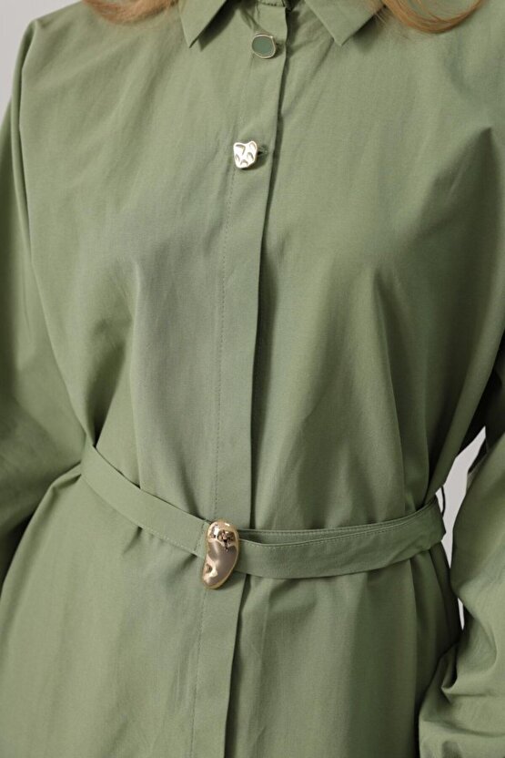 Gökyüzü Moda Kuşak Detaylı Tunik Gömlek - Haki