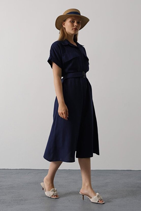 EQURİ Kuşaklı Cep Detaylı Yarım Kol Elbise - Lacivert