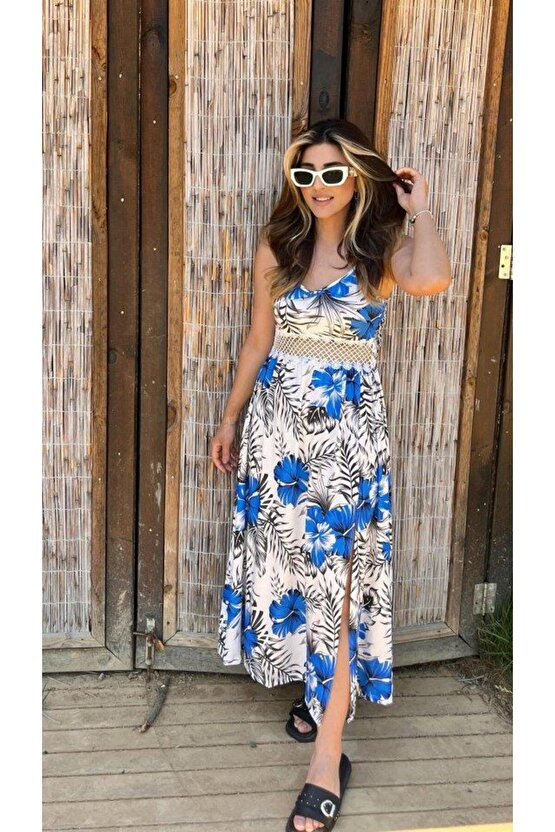Kadın Ip Askılı V Yakalı Bel Güpür çiçek Desenli Yandan Yırtmaçlı Maksi Süprem Elbise