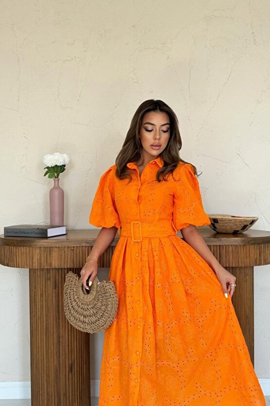 EQURİ Oranj Pileli Balkon Elbise