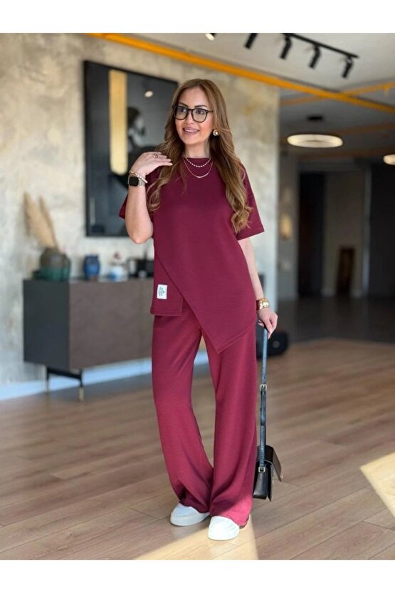 Gökyüzü Moda Kadın Kısa Kollu Bisiklet Yaka Asimetrik Viskon Iki Iplik Bluz Ve Pantolon Ikili Takım