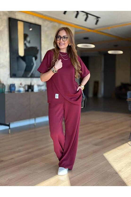 Gökyüzü Moda Kadın Kısa Kollu Bisiklet Yaka Asimetrik Viskon Iki Iplik Bluz Ve Pantolon Ikili Takım