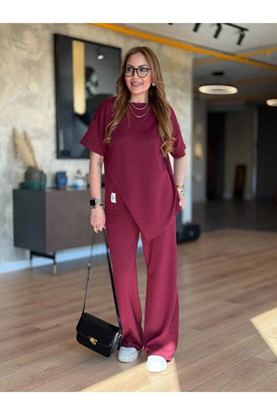 Gökyüzü Moda Kadın Kısa Kollu Bisiklet Yaka Asimetrik Viskon Iki Iplik Bluz Ve Pantolon Ikili Takım