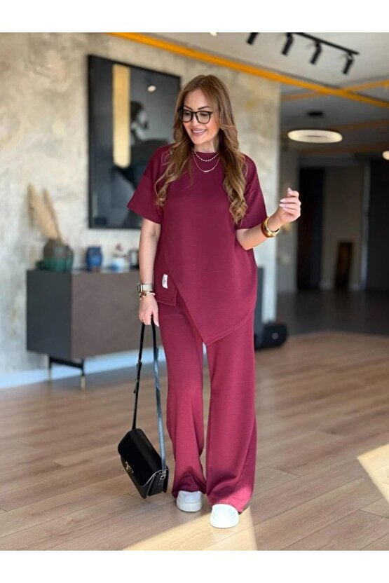 Gökyüzü Moda Kadın Kısa Kollu Bisiklet Yaka Asimetrik Viskon Iki Iplik Bluz Ve Pantolon Ikili Takım